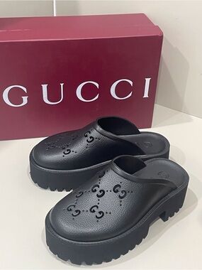 Gucci Black Platform Clog Mules with Embossed GG